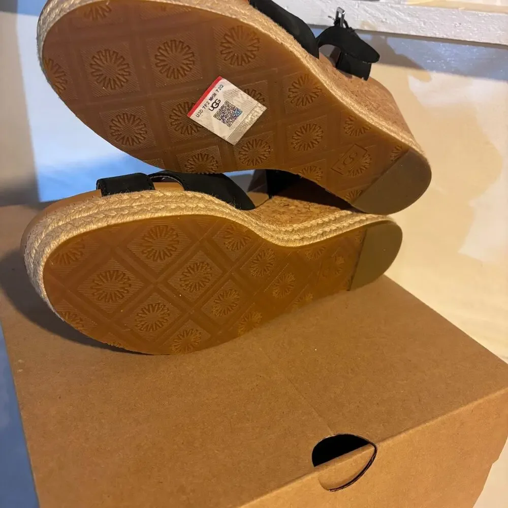 UGG Cloverdale Black Leather Espadrille Wedge Sandals
